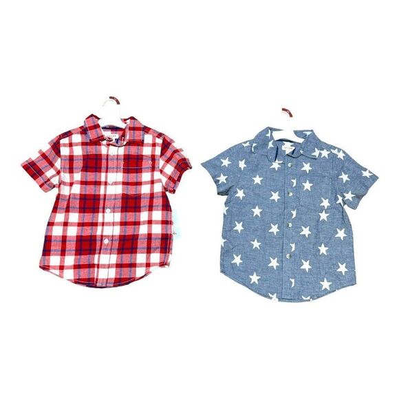 Lot of 2 NEW Cat & Jack Boys Button-Down Shirts XS 4 5 Red Plaid & Blue Stars - Picture 1 of 7